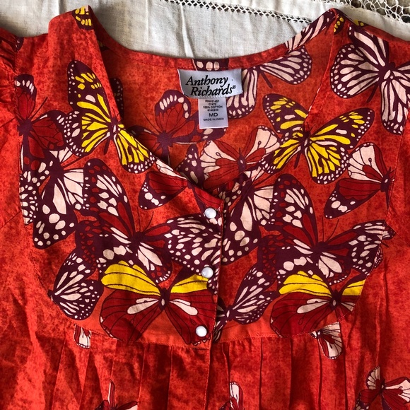 Women's M House Dress Butterfly Pattern Orange Button Up India Anthony Richards - Picture 3 of 4